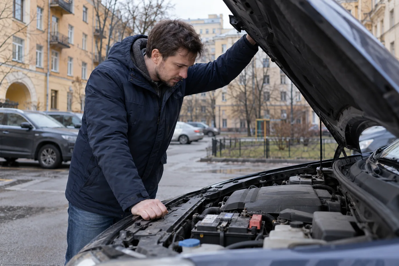 Автомобиль после стоянки с открытым капотом