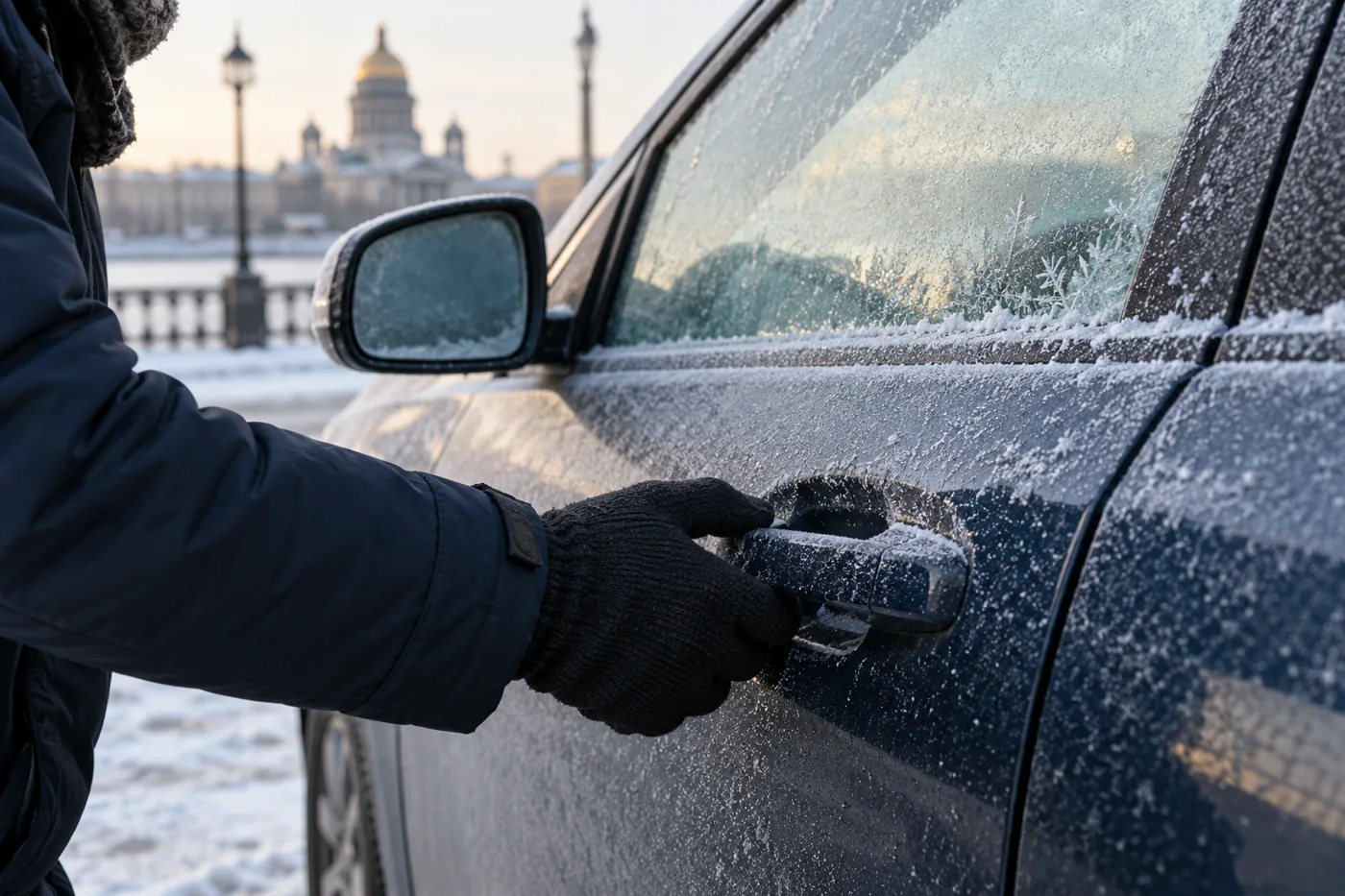 Дверная ручка автомобиля после ночного заморозка