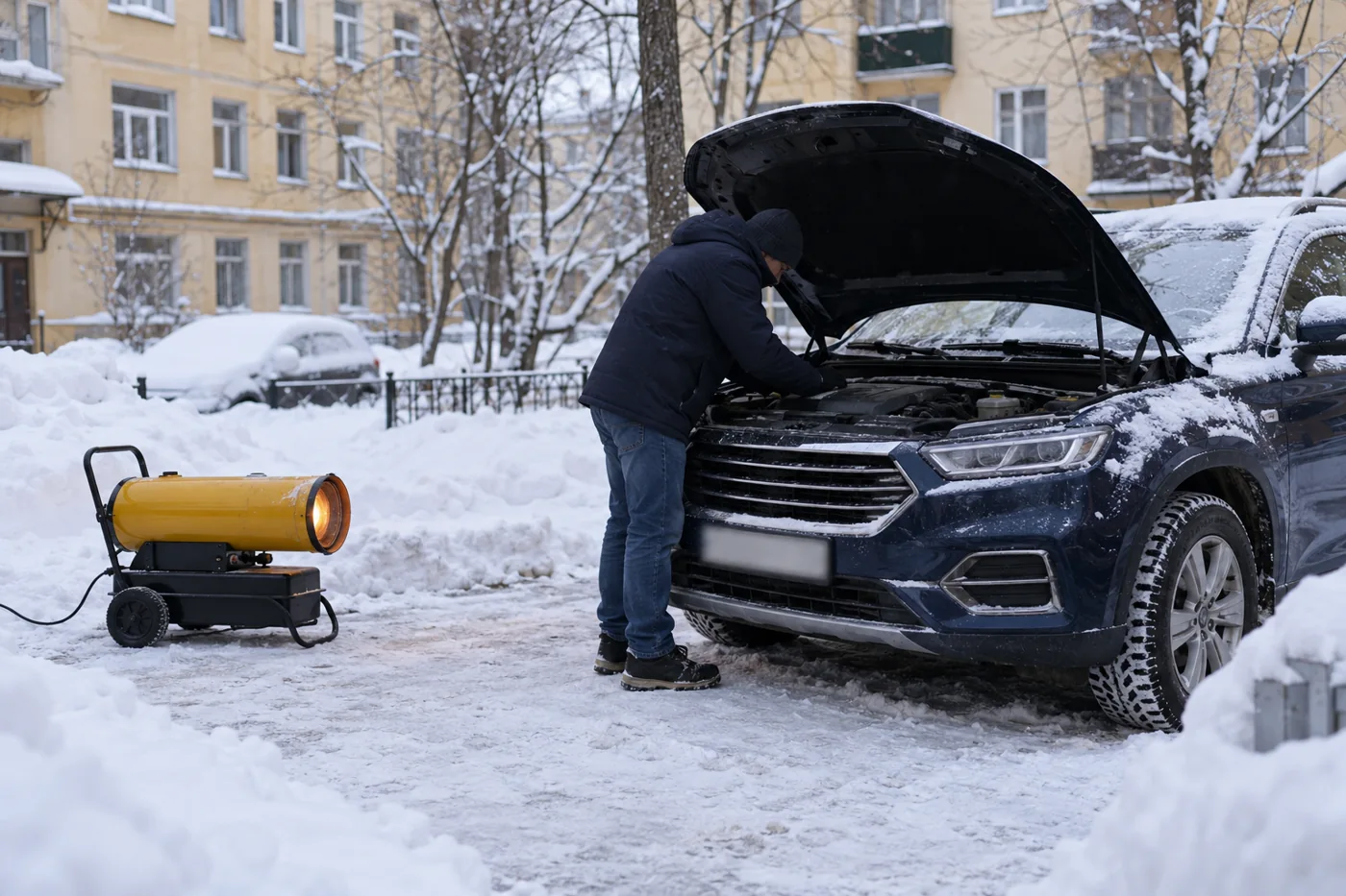 Подготовленное место для отогрева автомобиля во дворе