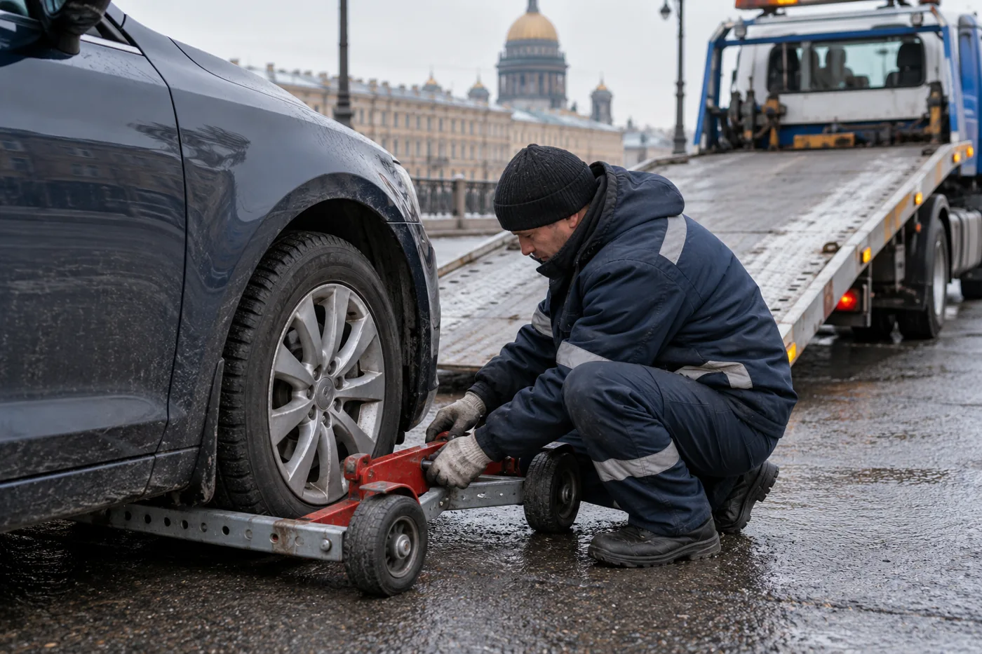Подготовка автомобиля с заблокированным колесом к погрузке