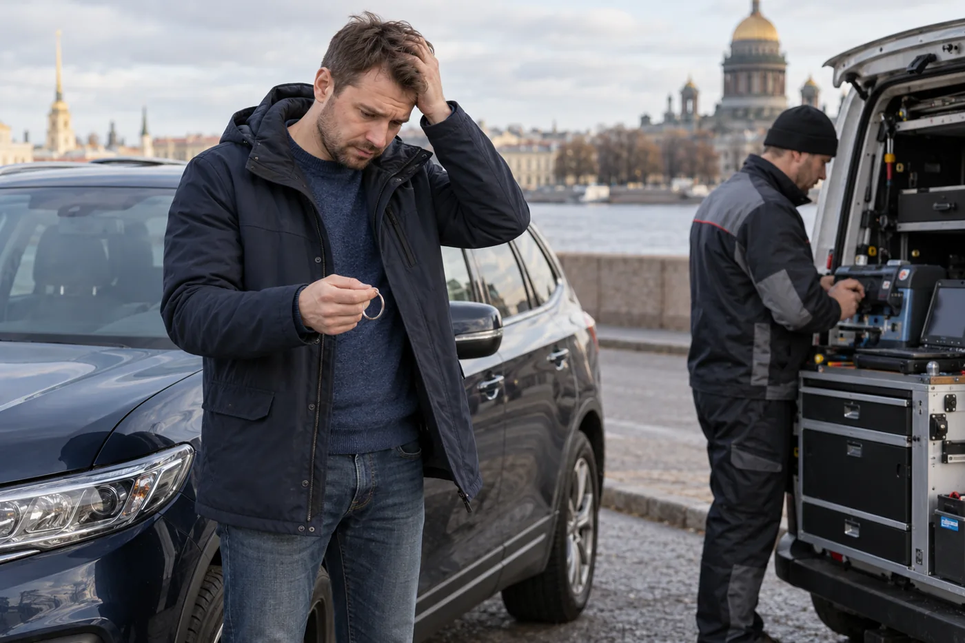 Пустая связка ключей рядом с автомобилем