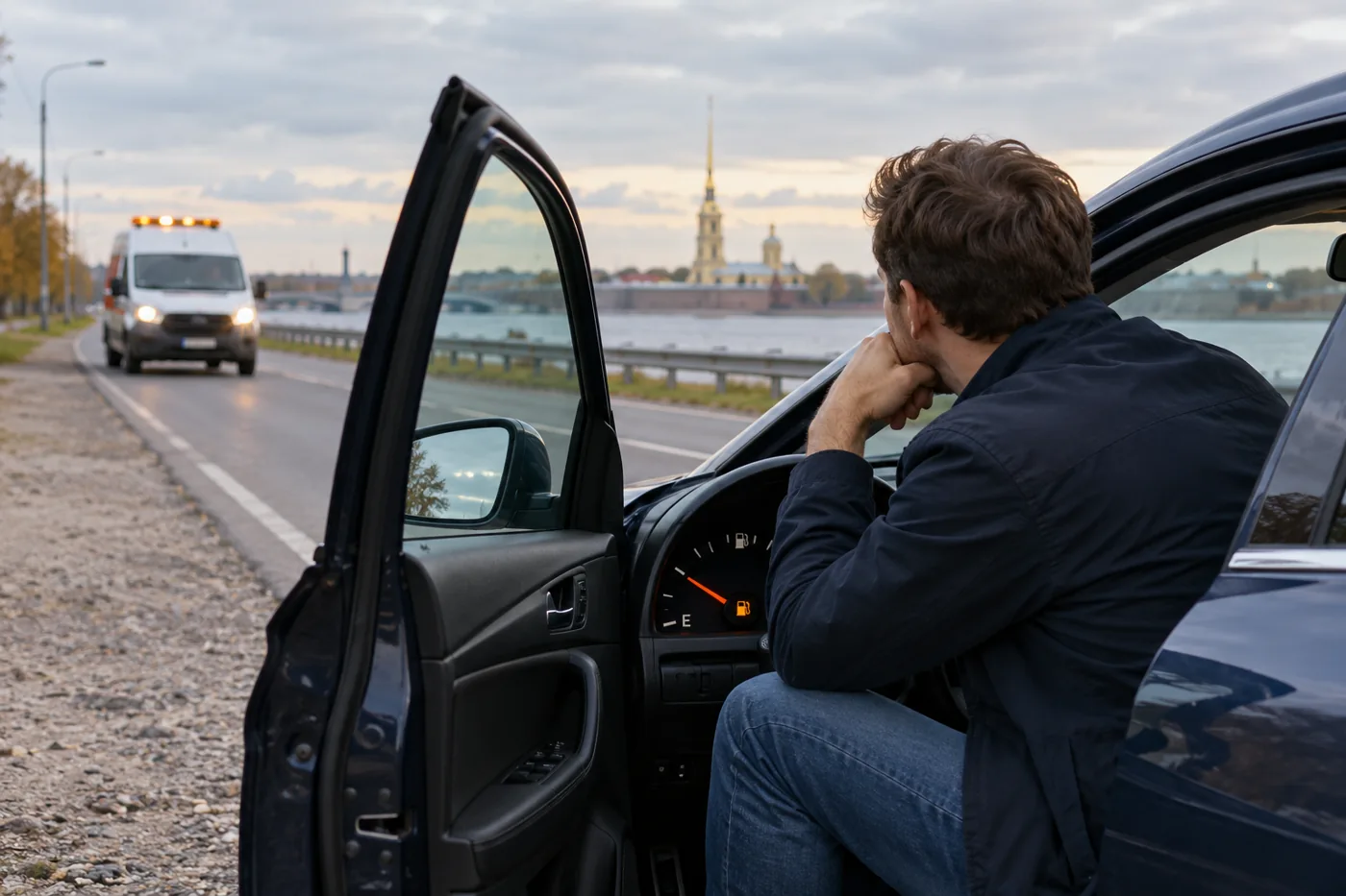 Автомобиль на безопасной стоянке после окончания топлива