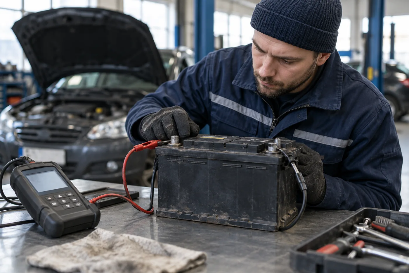 Проверка состояния снятого автомобильного аккумулятора
