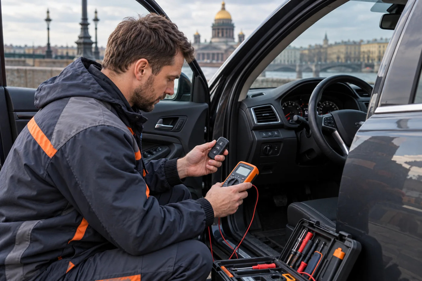 Автоэлектрик проверяет брелок и питание автомобильной сигнализации