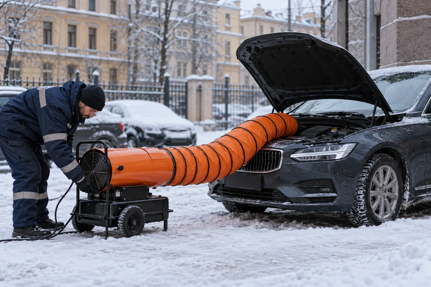 Специалист отогревает автомобиль профессиональным оборудованием