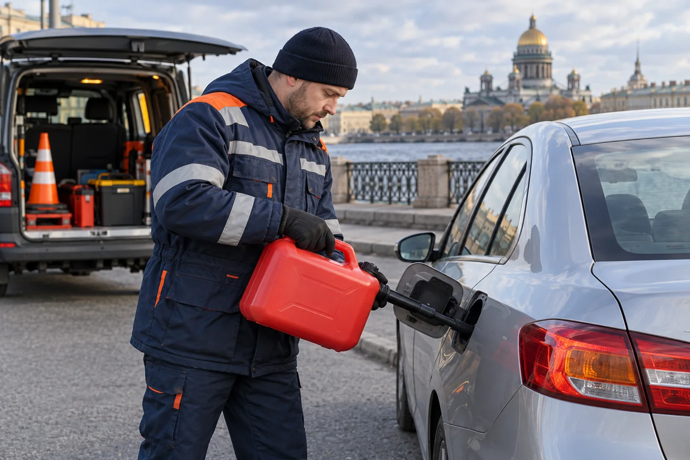 Специалист заправляет автомобиль топливом из канистры