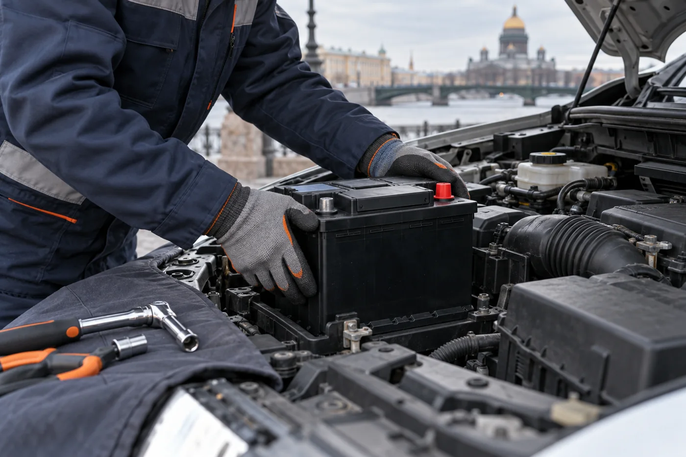 Мастер устанавливает новый аккумулятор в автомобиль
