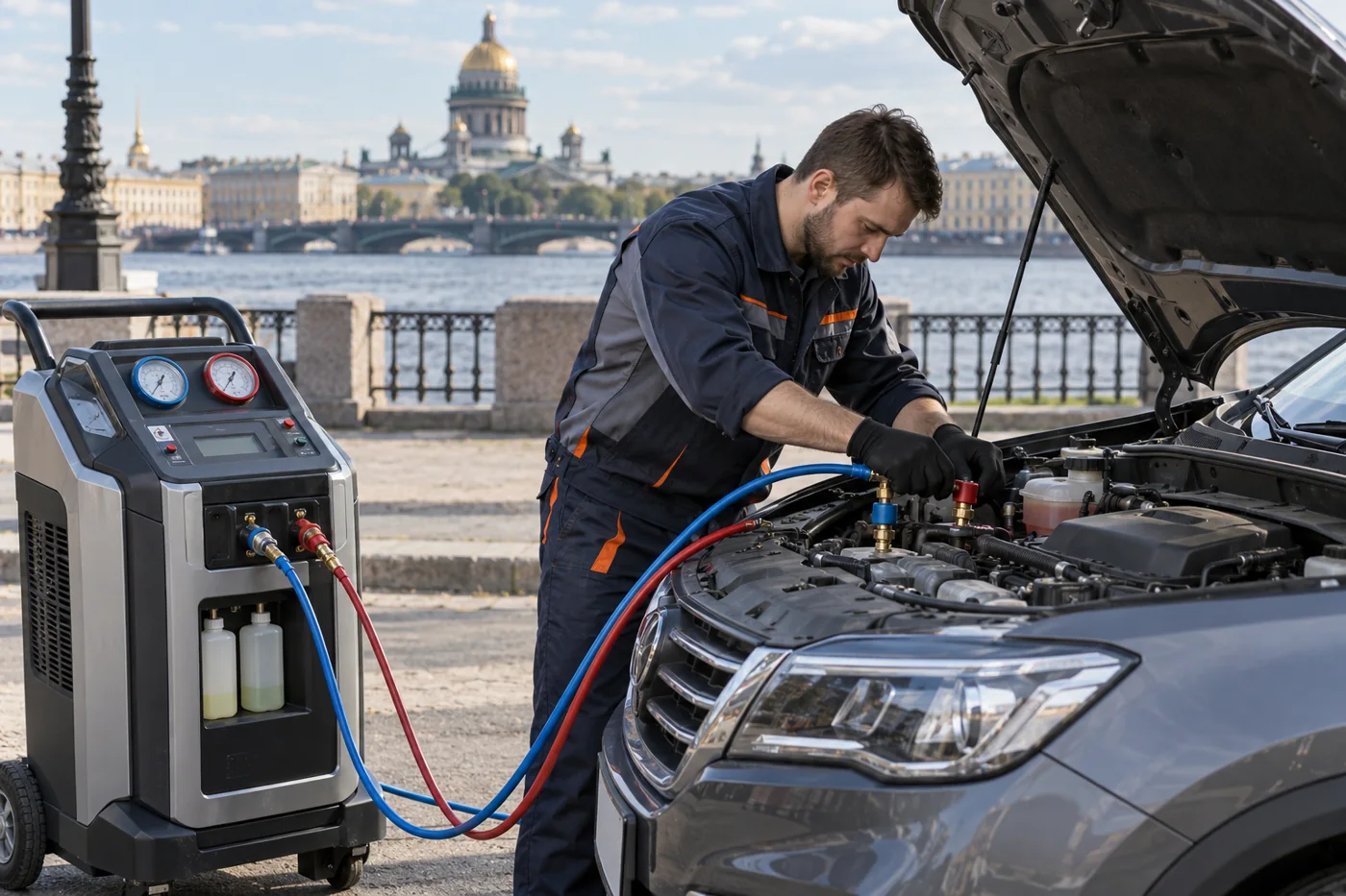 Обслуживание автокондиционера с помощью заправочной станции
